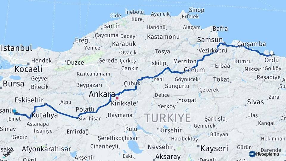 Kütahya Tavşanlı Ordu Arası Kaç Km - Yol Haritası