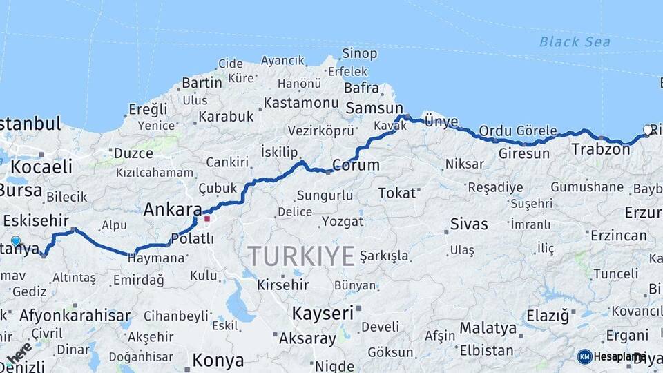 Kütahya Tavşanlı Rize Arası Kaç Km - Yol Haritası