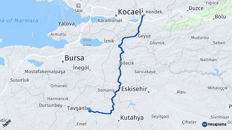 Kütahya Tavşanlı Sakarya Arası Kaç Km - Yol Haritası
