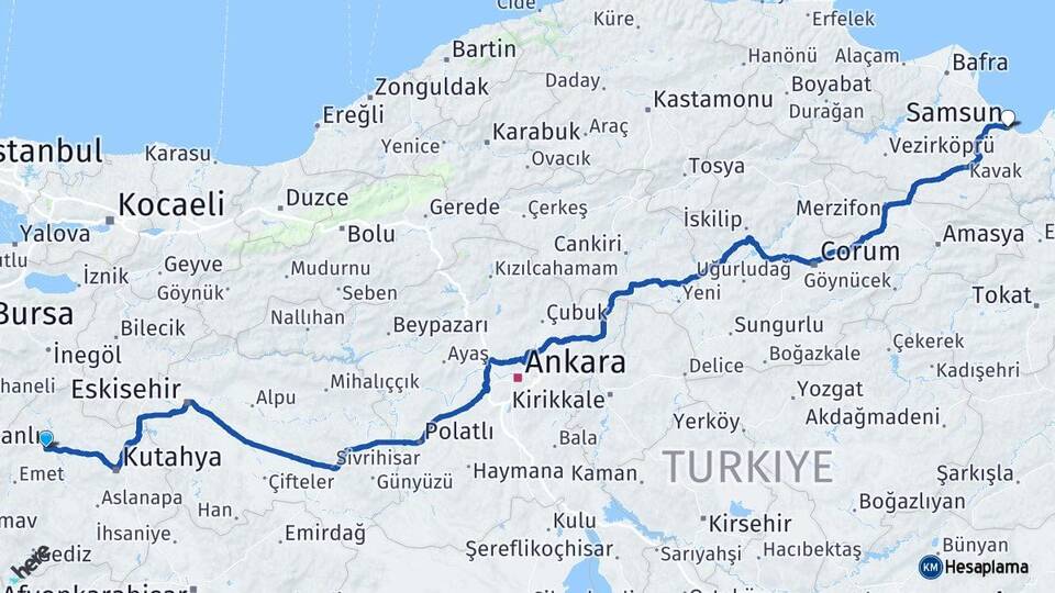 Kütahya Tavşanlı Samsun Arası Kaç Km - Yol Haritası