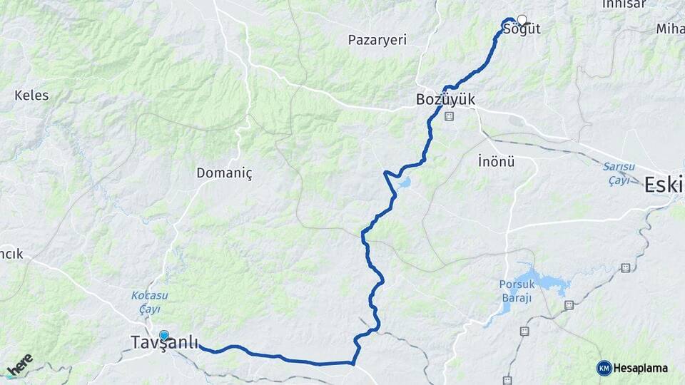 Kütahya Tavşanlı Söğüt Bilecik Arası Kaç Km - Yol Haritası