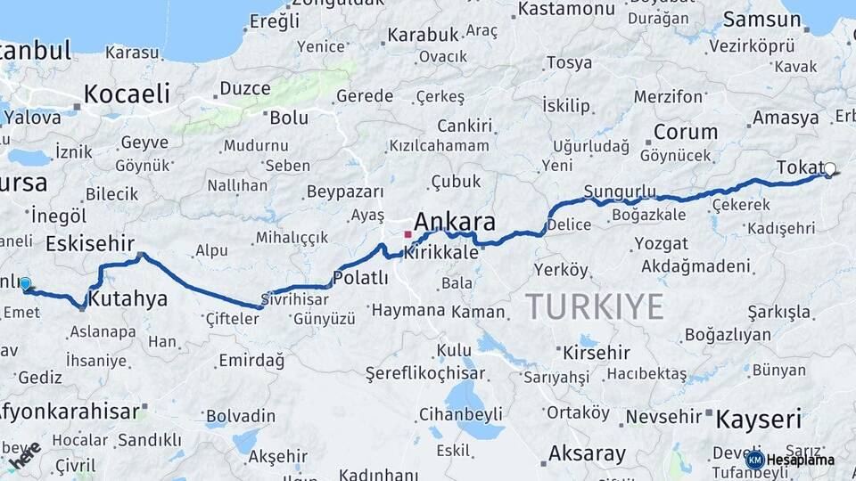 Kütahya Tavşanlı Tokat Arası Kaç Km - Yol Haritası
