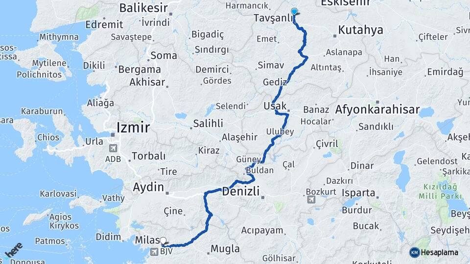 Kütahya Tavşanlı Tunçbilek Milas Muğla Arası Kaç Km - Yol Haritası