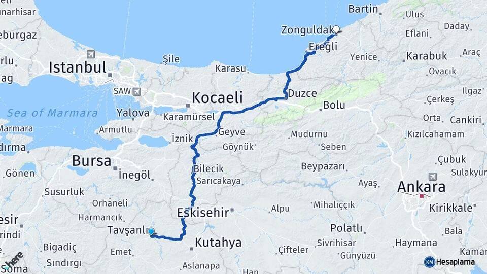 Kütahya Tavşanlı Zonguldak Arası Kaç Km - Yol Haritası