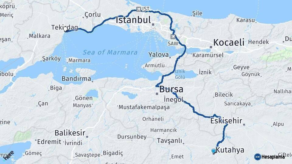 Kütahya Tekirdağ Arası Kaç Km - Yol Haritası