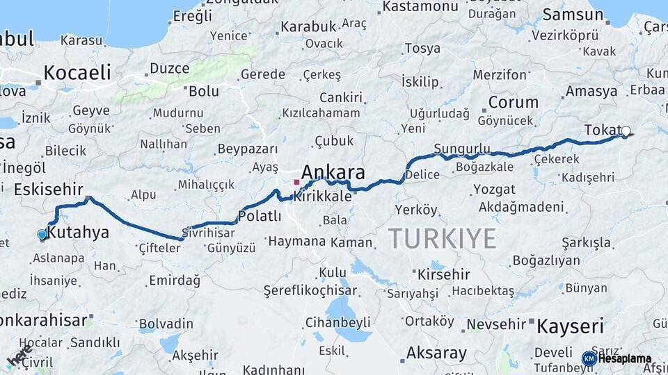 Kütahya Tokat Arası Kaç Km - Yol Haritası