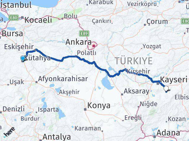 Kütahya Tomarza Kayseri Arası Kaç Km - Yol Haritası