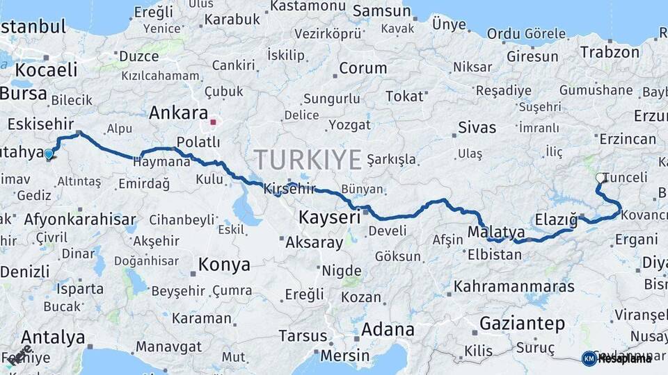 Kütahya Tunceli Arası Kaç Km - Yol Haritası
