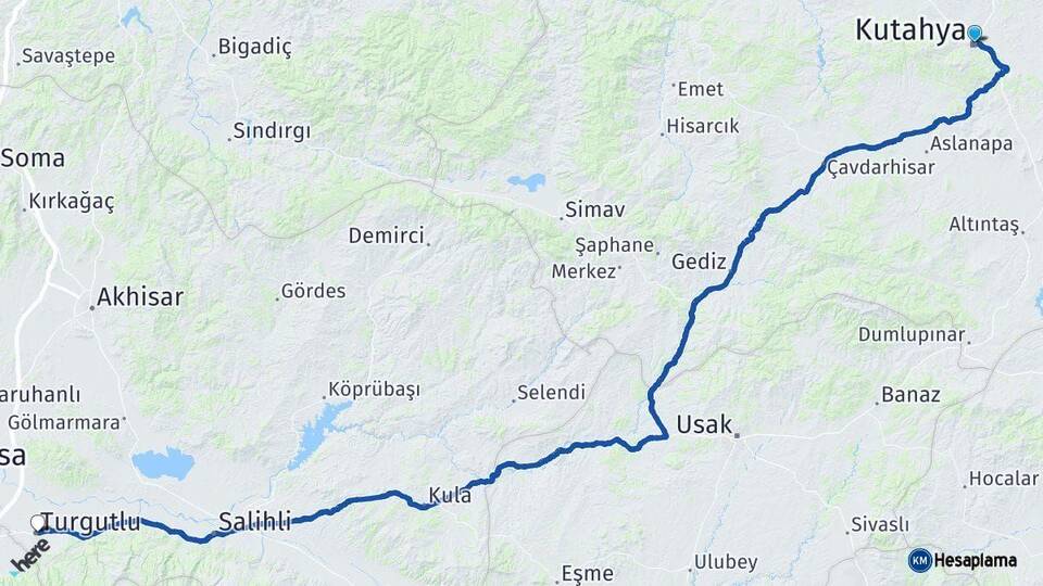 Kütahya Turgutlu Manisa Arası Kaç Km - Yol Haritası