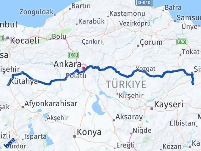 Kütahya Ulaş Sivas Arası Kaç Km - Yol Haritası
