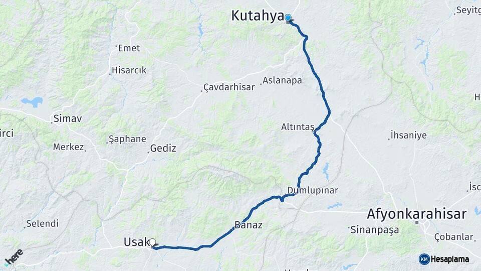 Kütahya Uşak Arası Kaç Km - Yol Haritası