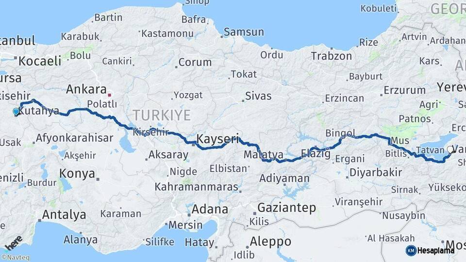 Kütahya Van Arası Kaç Km - Yol Haritası