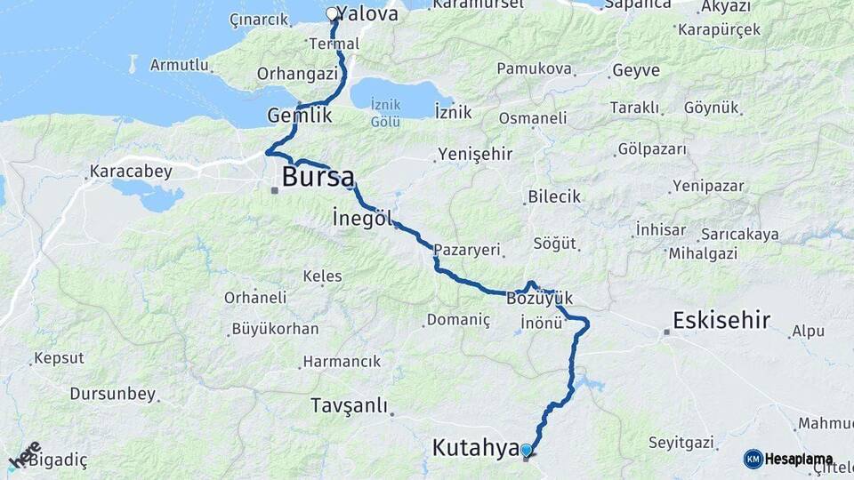 Kütahya Yalova Arası Kaç Km - Yol Haritası