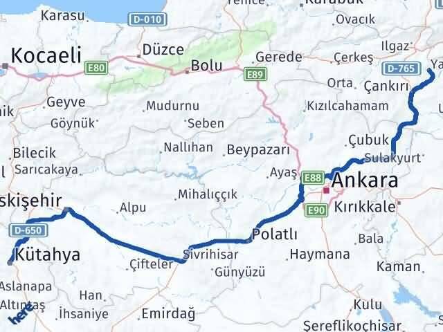 Kütahya Yapraklı Çankırı Arası Kaç Km - Yol Haritası