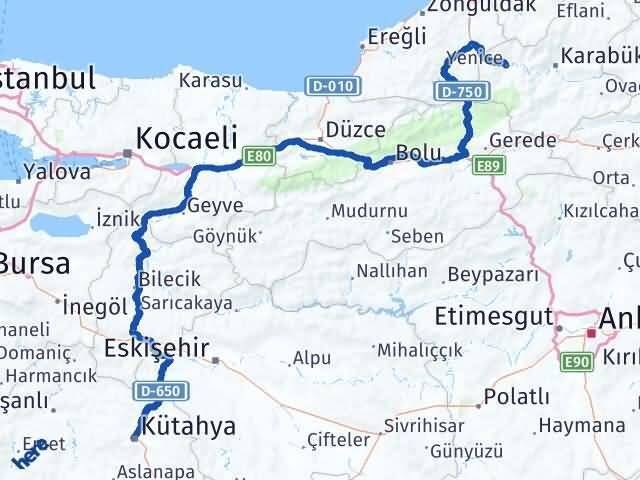 Kütahya Yenice Karabük Arası Kaç Km - Yol Haritası