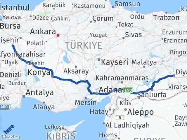 Kütahya Yenişehir Diyarbakır Arası Kaç Km - Yol Haritası
