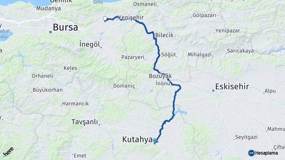 Kütahya Yenişehir Havalimanı Arası Kaç Km - Yol Haritası