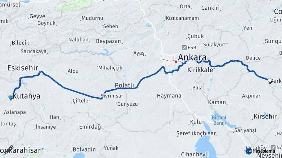 Kütahya Yerköy Yozgat Arası Kaç Km - Yol Haritası