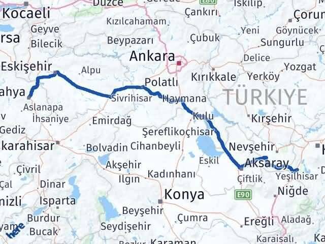 Kütahya Yeşilhisar Kayseri Arası Kaç Km - Yol Haritası