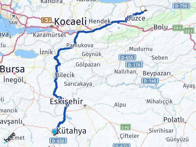 Kütahya Yığılca Düzce Arası Kaç Km - Yol Haritası
