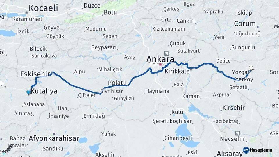 Kütahya Yozgat Arası Kaç Km - Yol Haritası