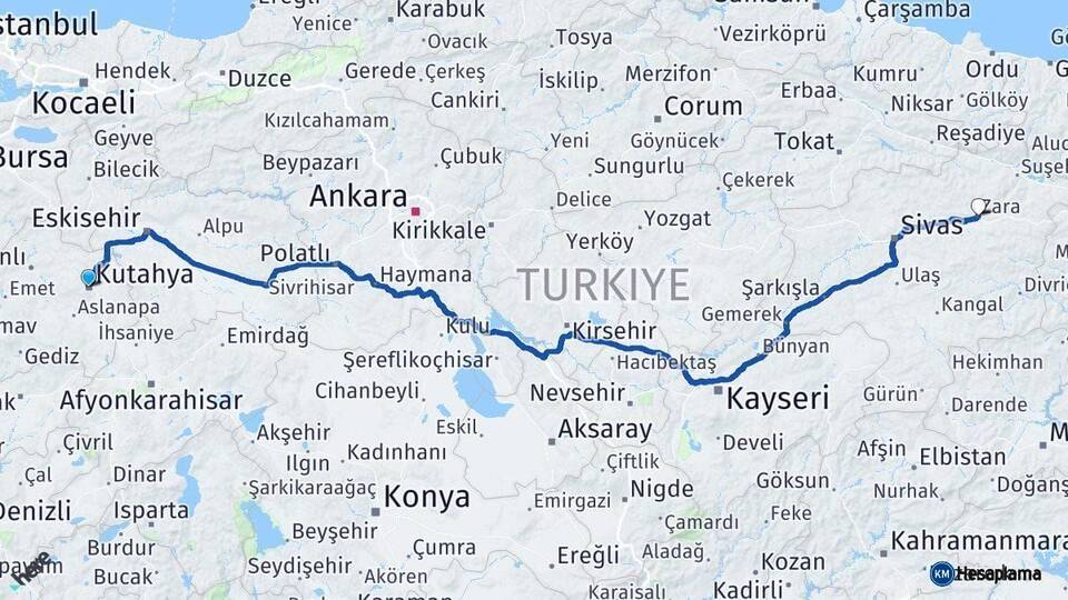 Kütahya Zara Sivas Arası Kaç Km - Yol Haritası