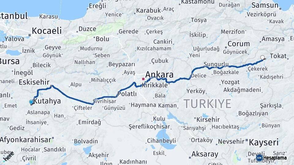 Kütahya Zile Tokat Arası Kaç Km - Yol Haritası