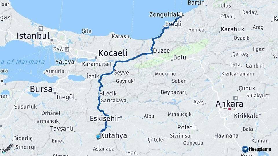 Kütahya Zonguldak Arası Kaç Km - Yol Haritası