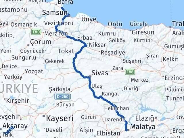 Malatya 19 Mayıs Samsun Arası Kaç Km - Yol Haritası