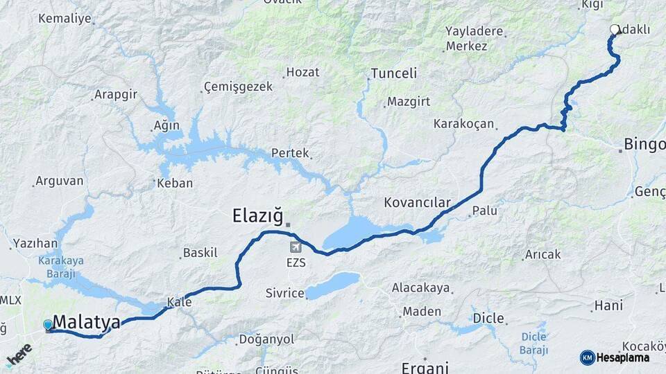 Malatya Adaklı Bingöl Arası Kaç Km - Yol Haritası
