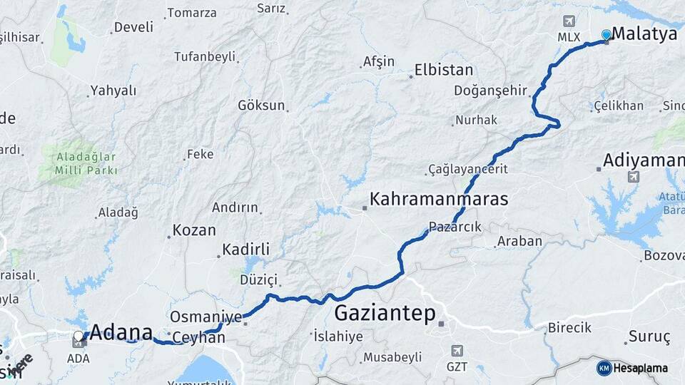 Malatya Adana Havalimanı Arası Kaç Km - Yol Haritası