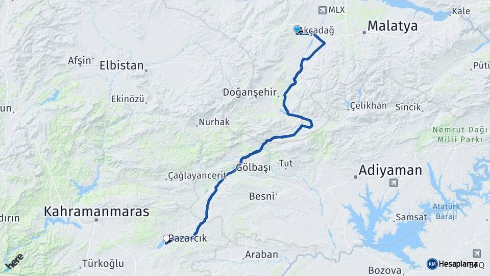 Malatya Akçadağ Pazarcık Kahramanmaraş Arası Kaç Km - Yol Haritası