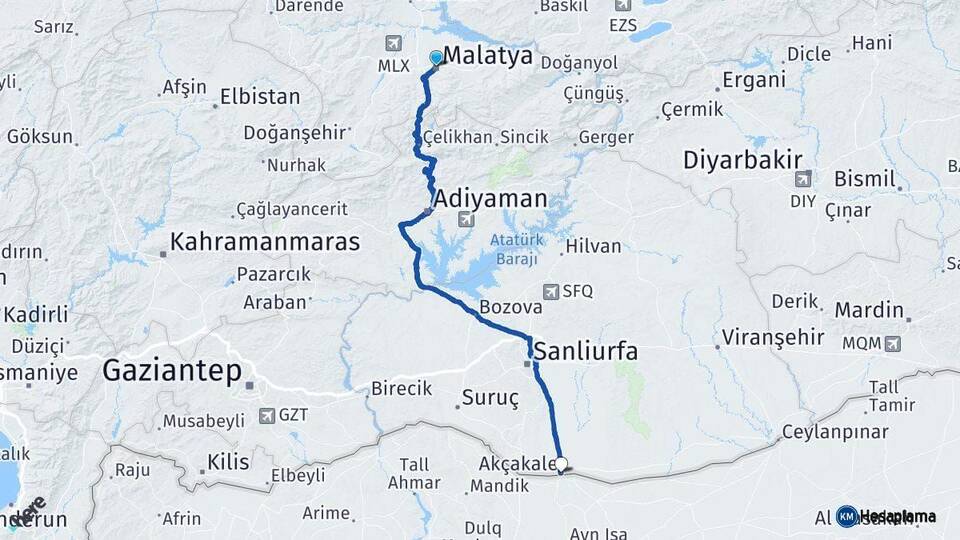 Malatya Akçakale Şanlıurfa Arası Kaç Km - Yol Haritası
