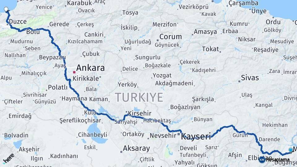 Malatya Akçakoca Düzce Arası Kaç Km - Yol Haritası