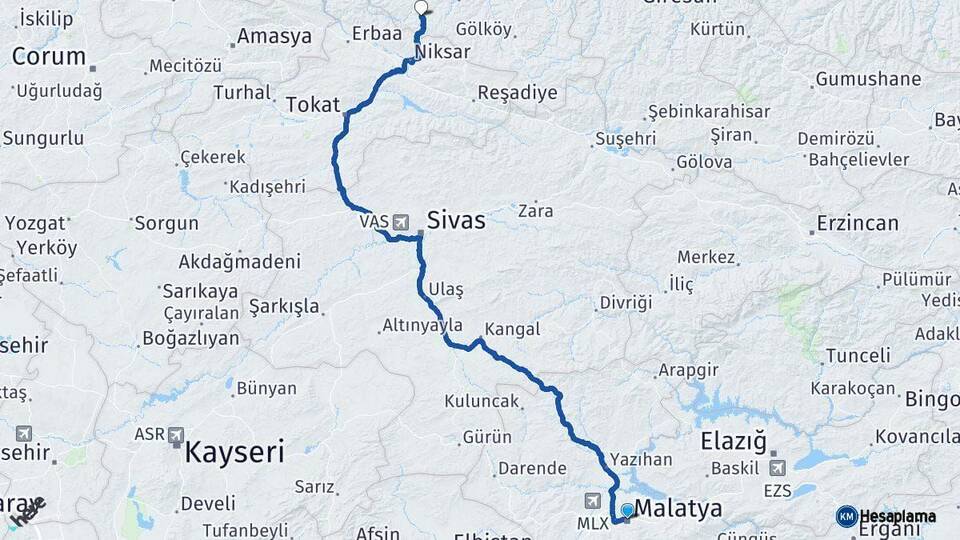 Malatya Akkuş Ordu Arası Kaç Km - Yol Haritası