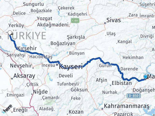 Malatya Akpınar Kırşehir Arası Kaç Km - Yol Haritası
