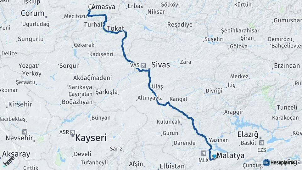 Malatya Amasya Arası Kaç Km - Yol Haritası