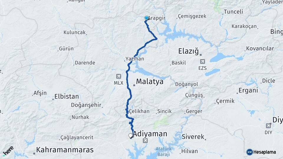 Malatya Arapgir Adıyaman Arası Kaç Km - Yol Haritası