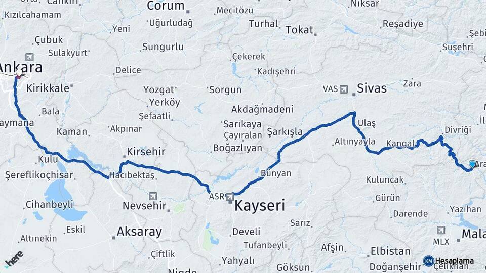 Malatya Arapgir Ankara Arası Kaç Km - Yol Haritası