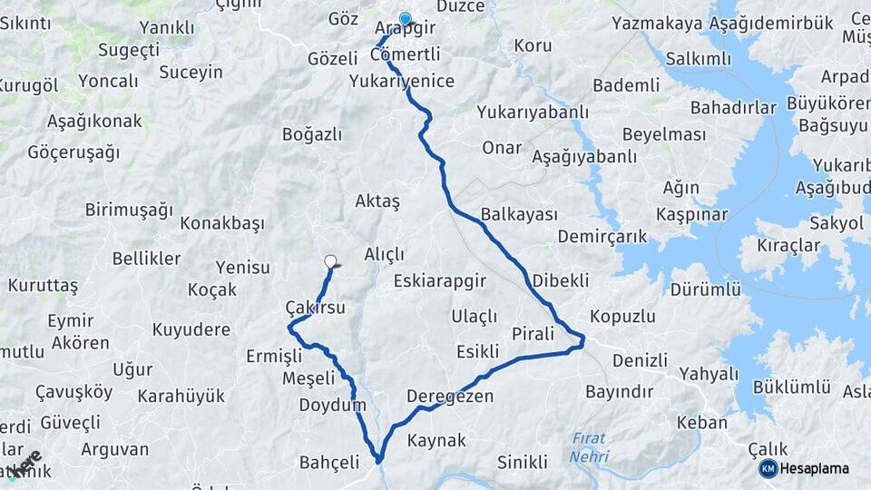 Malatya Arapgir Bostancık Arapgir Arası Kaç Km - Yol Haritası