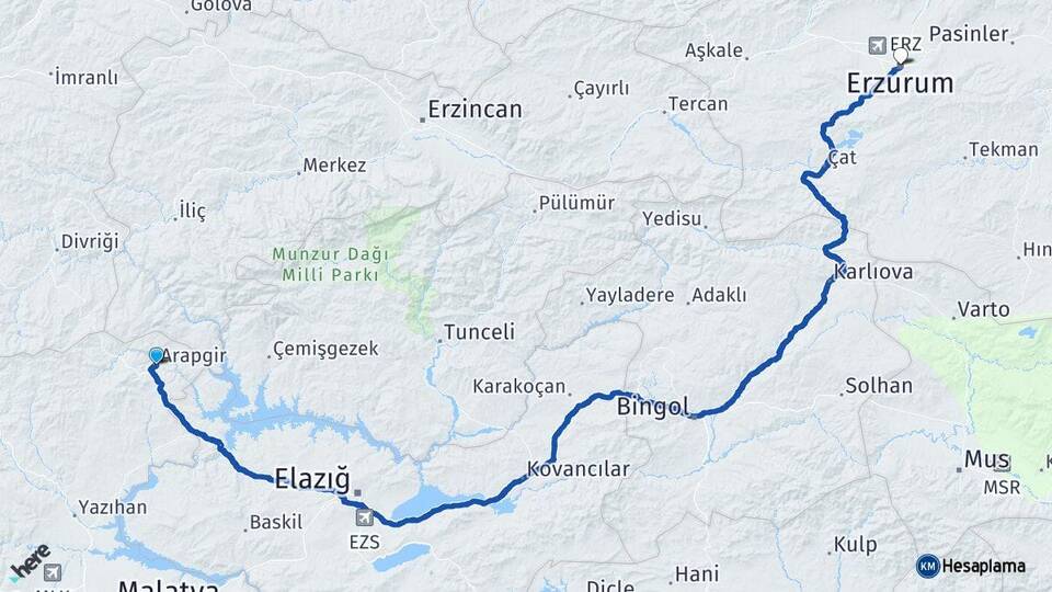 Malatya Arapgir Erzurum Arası Kaç Km - Yol Haritası