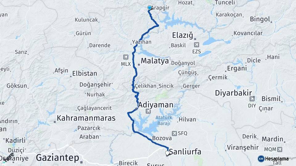 Malatya Arapgir Şanlıurfa Arası Kaç Km - Yol Haritası