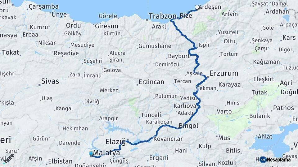 Malatya Ardeşen Rize Arası Kaç Km - Yol Haritası