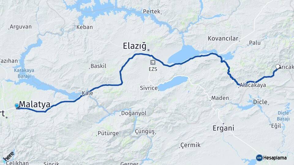 Malatya Arıcak Elazığ Arası Kaç Km - Yol Haritası