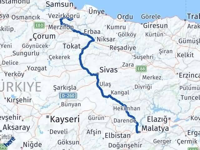 Malatya Asarcık Samsun Arası Kaç Km - Yol Haritası
