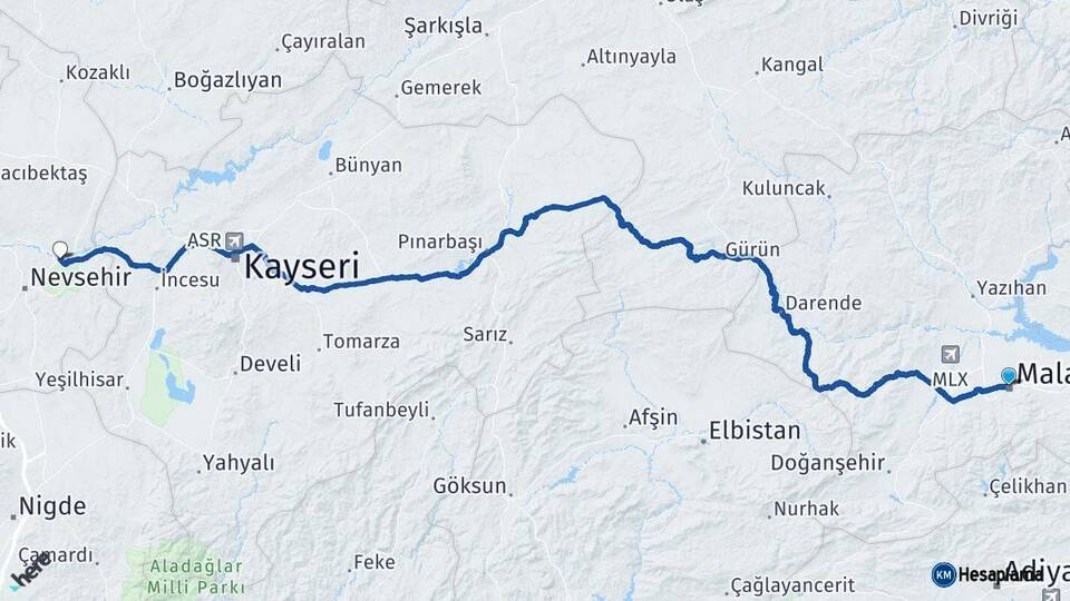 Malatya Avanos Nevşehir Arası Kaç Km - Yol Haritası