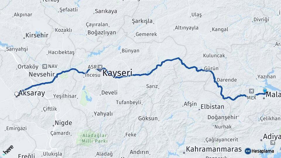 Malatya Battalgazi Aksaray Arası Kaç Km - Yol Haritası