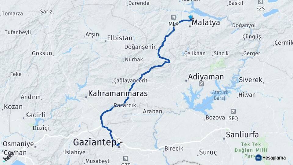 Malatya Battalgazi Gaziantep Arası Kaç Km - Yol Haritası