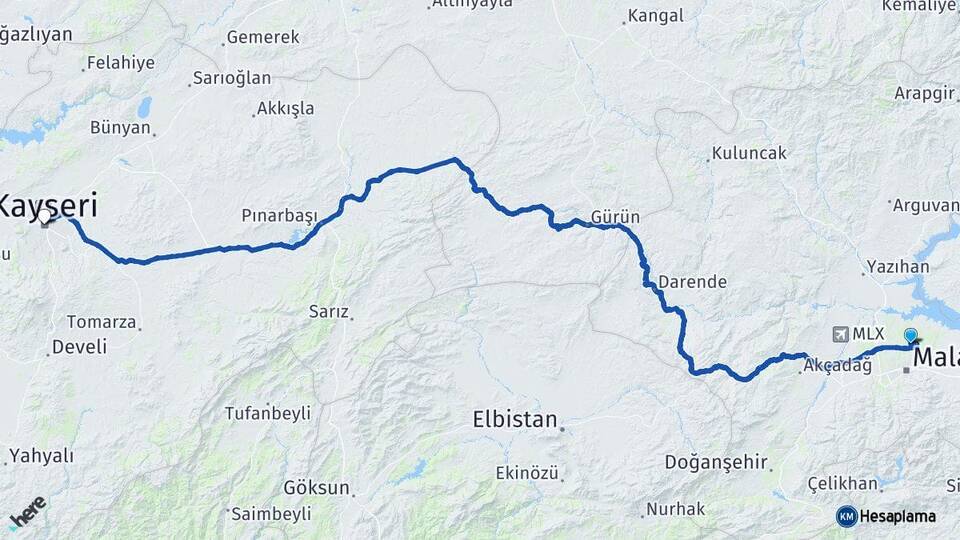 Malatya Battalgazi Kayseri Arası Kaç Km - Yol Haritası