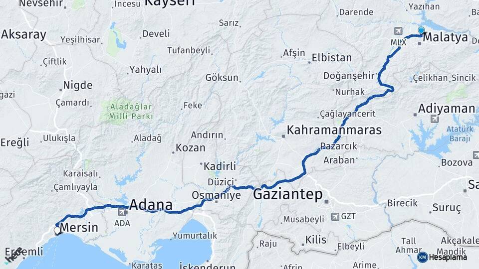 Malatya Battalgazi Mersin Arası Kaç Km - Yol Haritası